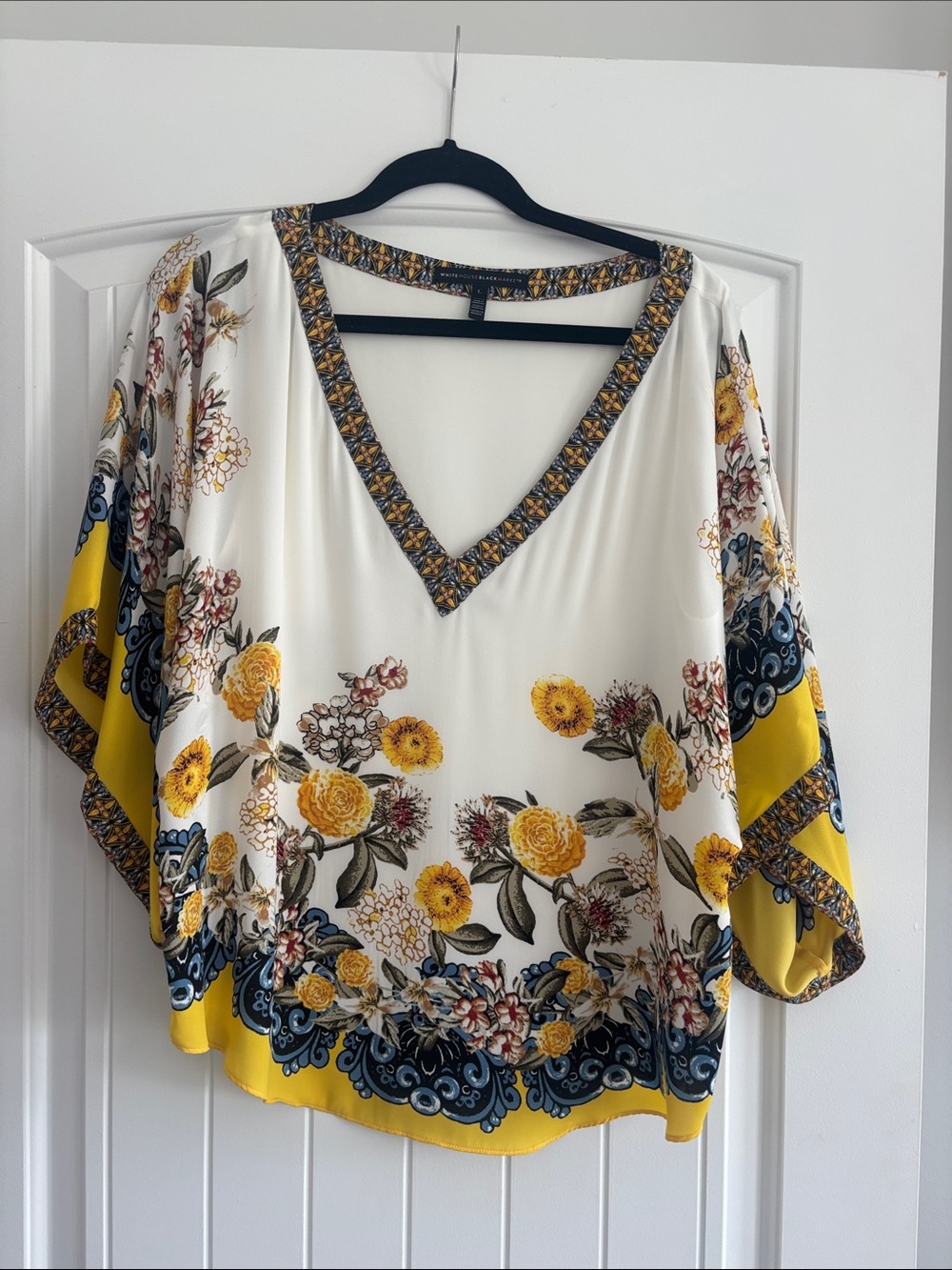 White House Black Market Yellow & White Floral V-Neck Tunic